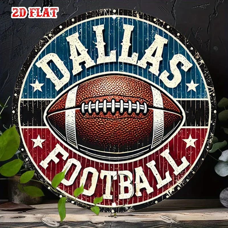 2D Flat Round Aluminum Plate, 1 Piece Dallas Football - Classic style metal wall art, rustic sports design decoration for home, garage, Di