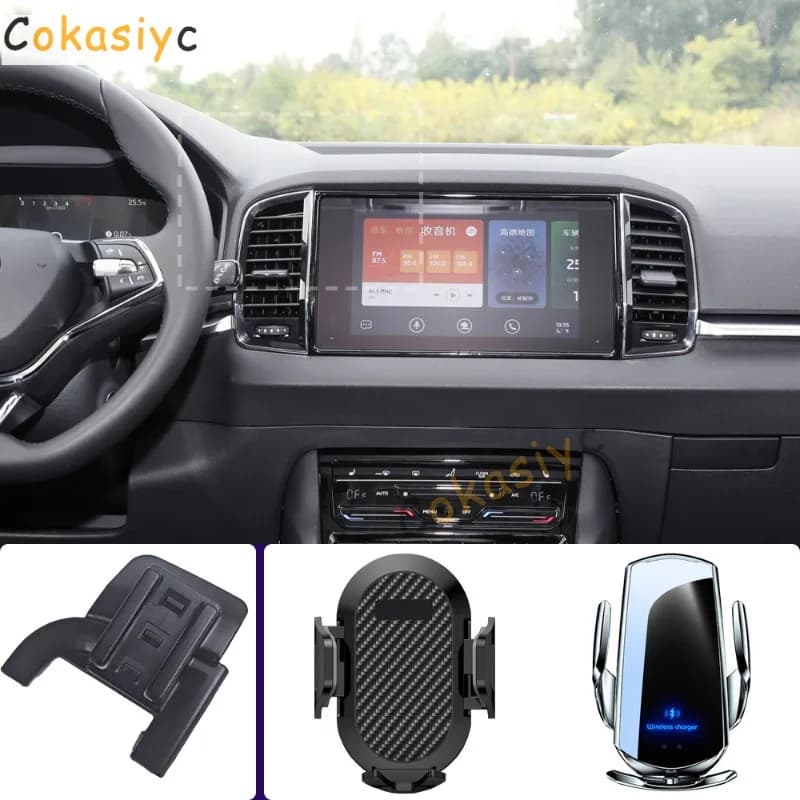Supporto per telefono da auto per Skoda Karoq 2018 2019 2020 2021 2022 2023 2024, base fissa speciale per ricarica wireless del cellulare in auto