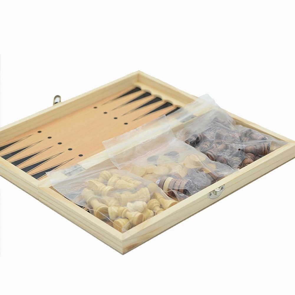 Nuovo gioco da tavolo pieghevole in legno da backgammon per scacchi 3 in 1 34x34 cm