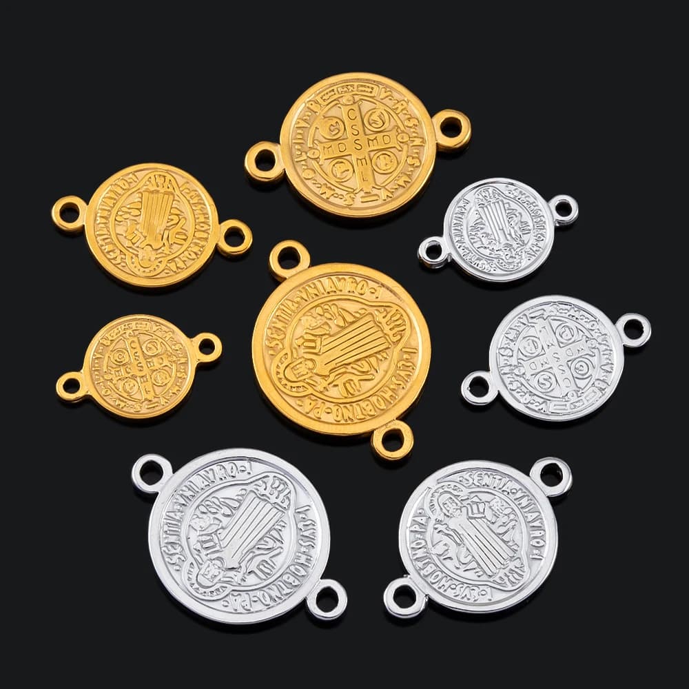 5pcs Stainless Steel Cross Double Hole Round Pendant for DIY Necklace Bracelet Connector Religious Jewelry Making Accessories