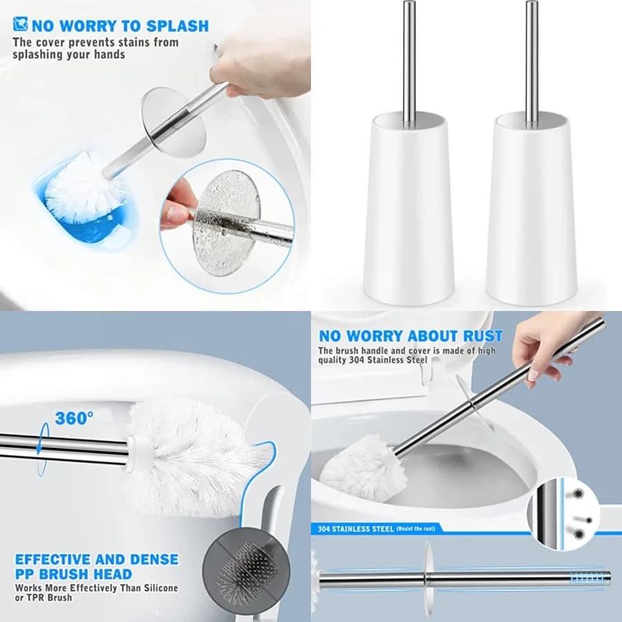 Spazzola per WC e supporto, confezione da 2 spazzole per WC con manico lungo in acciaio inossidabile 304, spazzola per WC per bagno - Ergonomica, elegante, resistente (Bianco)