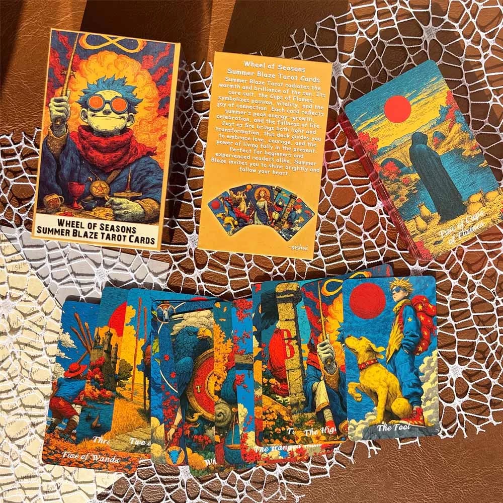 Wheel Of Seasons Summer Blaze Tarot Cards, 80 Red Trim Large Divination Deck, Entry Level Fortune Telling Card Game for Starters