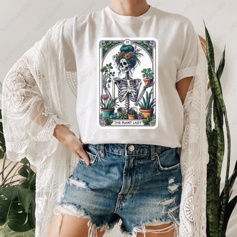 The PLANT LADY Scheletro Tarocchi Carta Ossa Tshirt Scheletro Amante delle piante Mamma Uomo Donna T-shirt in cotone Witchy Divertente Umoristico Cool Tops