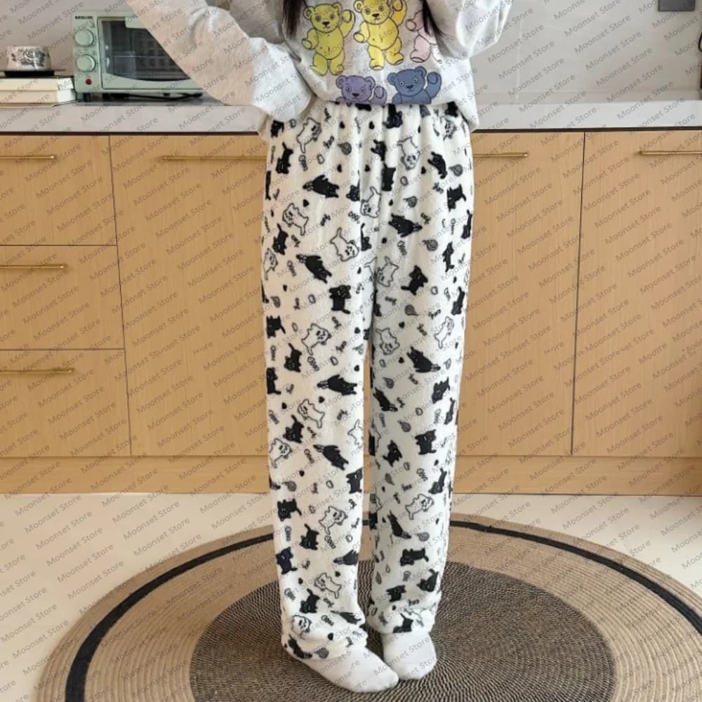Women's autumn and winter home pajama pants Cartoon flannel home casual walking long pants Comfortable and cute Ladies' trousers