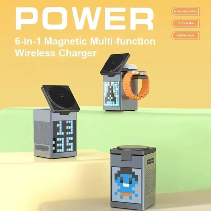 bluetooth Speaker Alarm Clock Magnetic Multifunction Wireless Charger 6 in 1 for Iphone 16 15 Pro Max for Airpods Iwatch