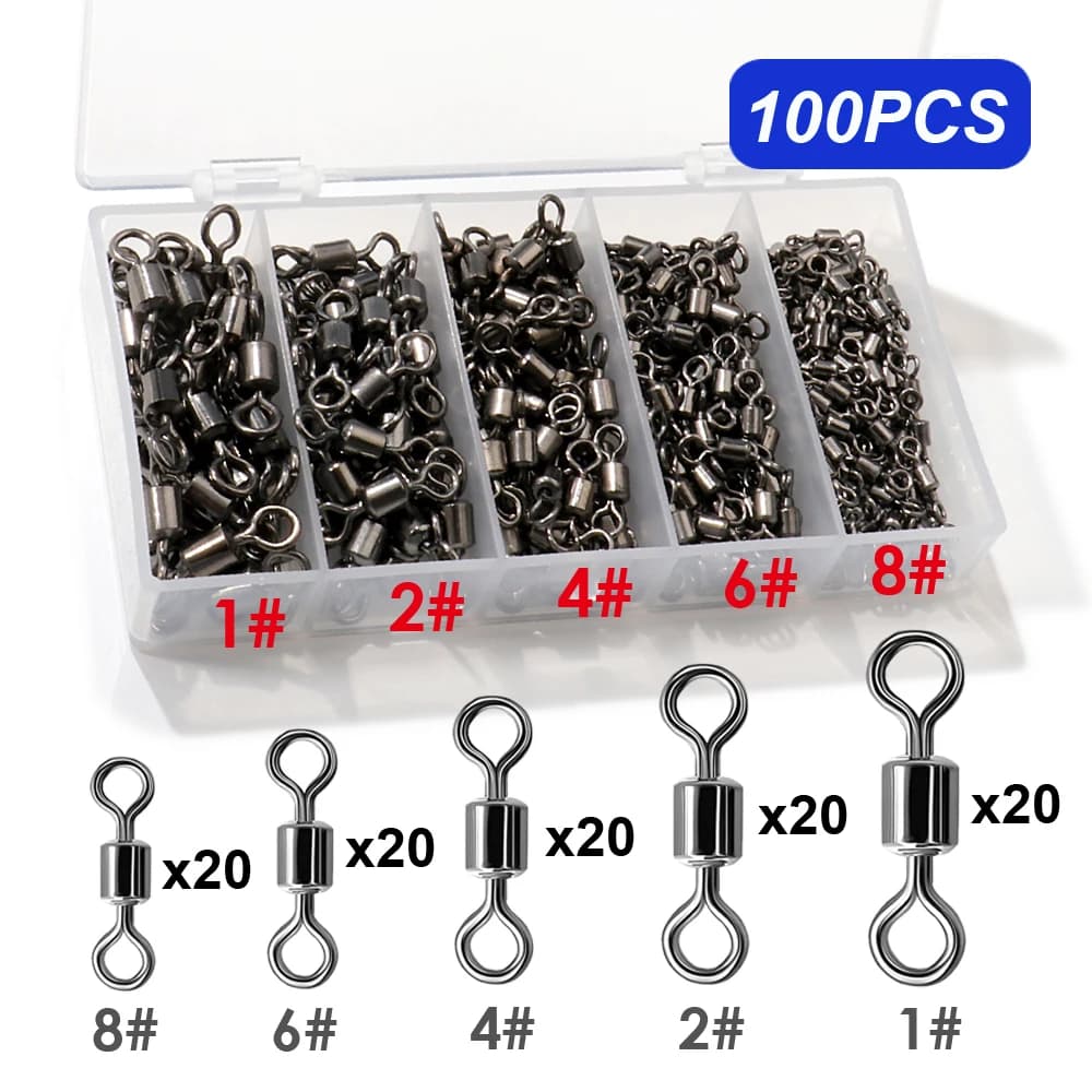 100PCS Stainless Steel Bearing Rolling Connector Wheel Set Salt Water Freshwater Fishing Swivel Equipment Lure Line Tool Box