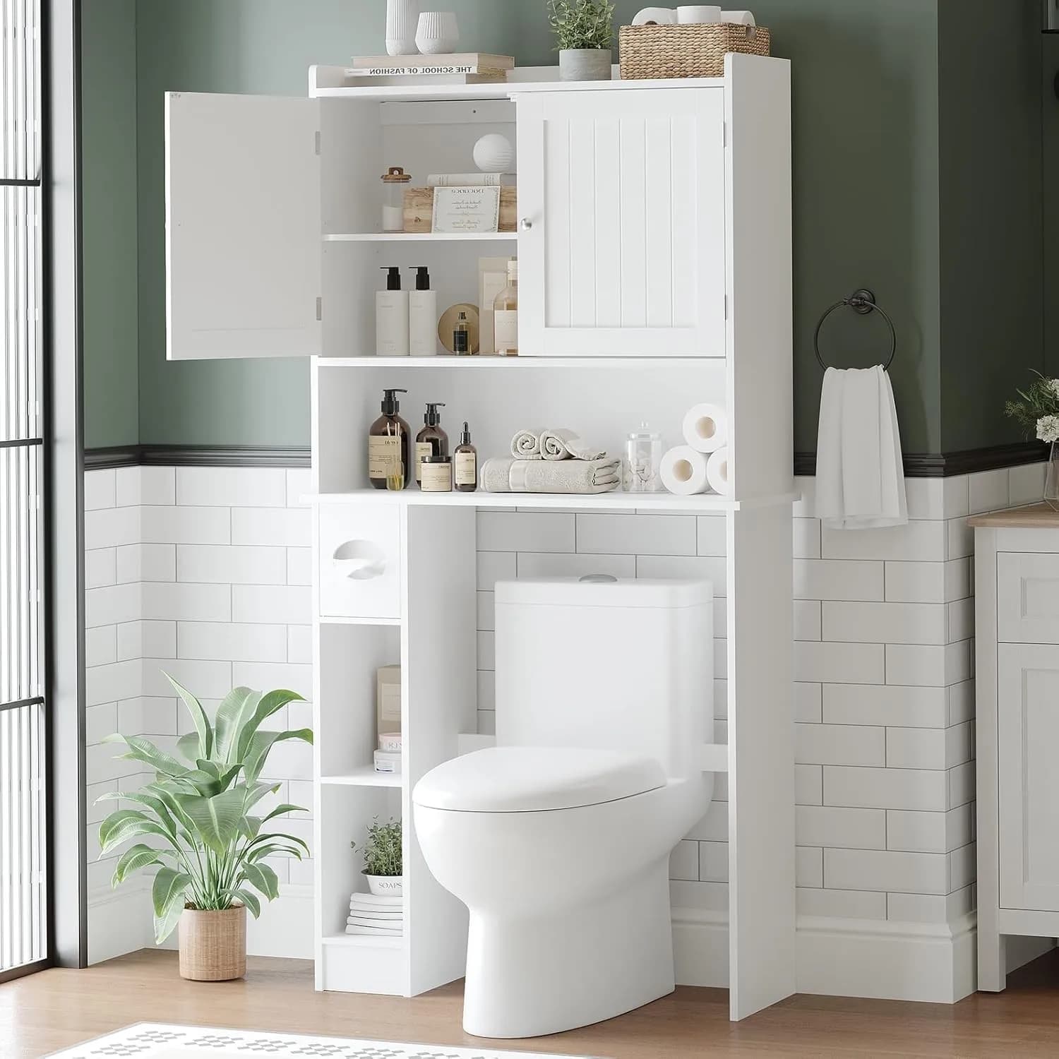 Mobiletto da bagno sopra il WC a 2 ante con porta rotolo di carta
