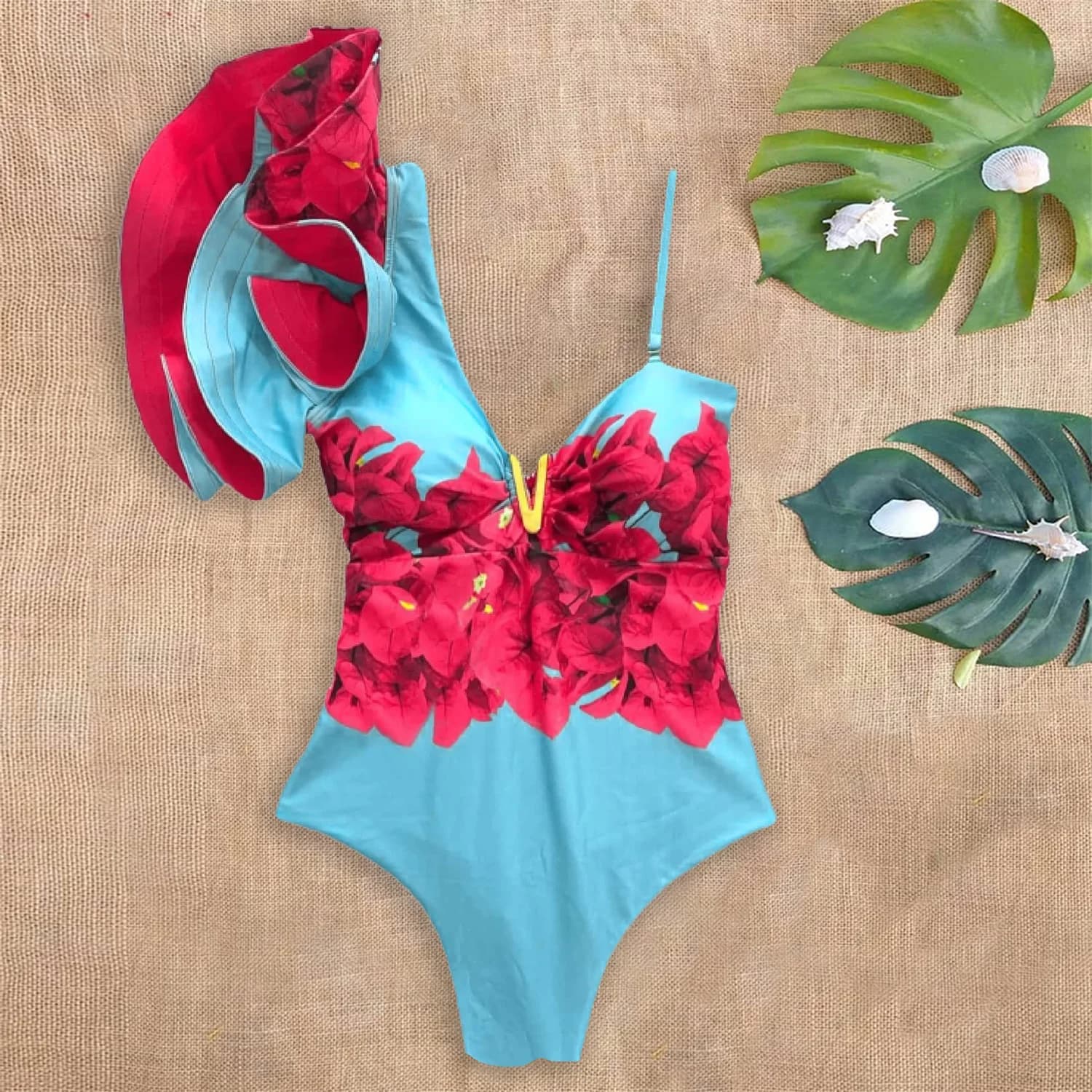 Costume da bagno intero sexy con volant monospalla Stampa floreale Costumi da bagno Donna Costume da bagno con scollo a V Costume da bagno Beachwear Monokini Donna