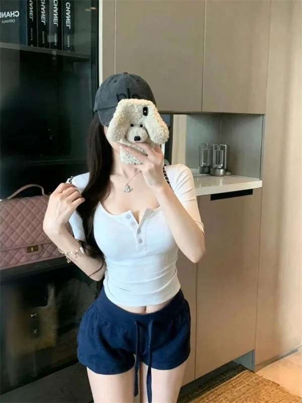 Chic White U-Neck Short Sleeve T-Shirt Women's Slim Fit Summer New Style Cotton Color Top Korean Style Breathable Skin-...