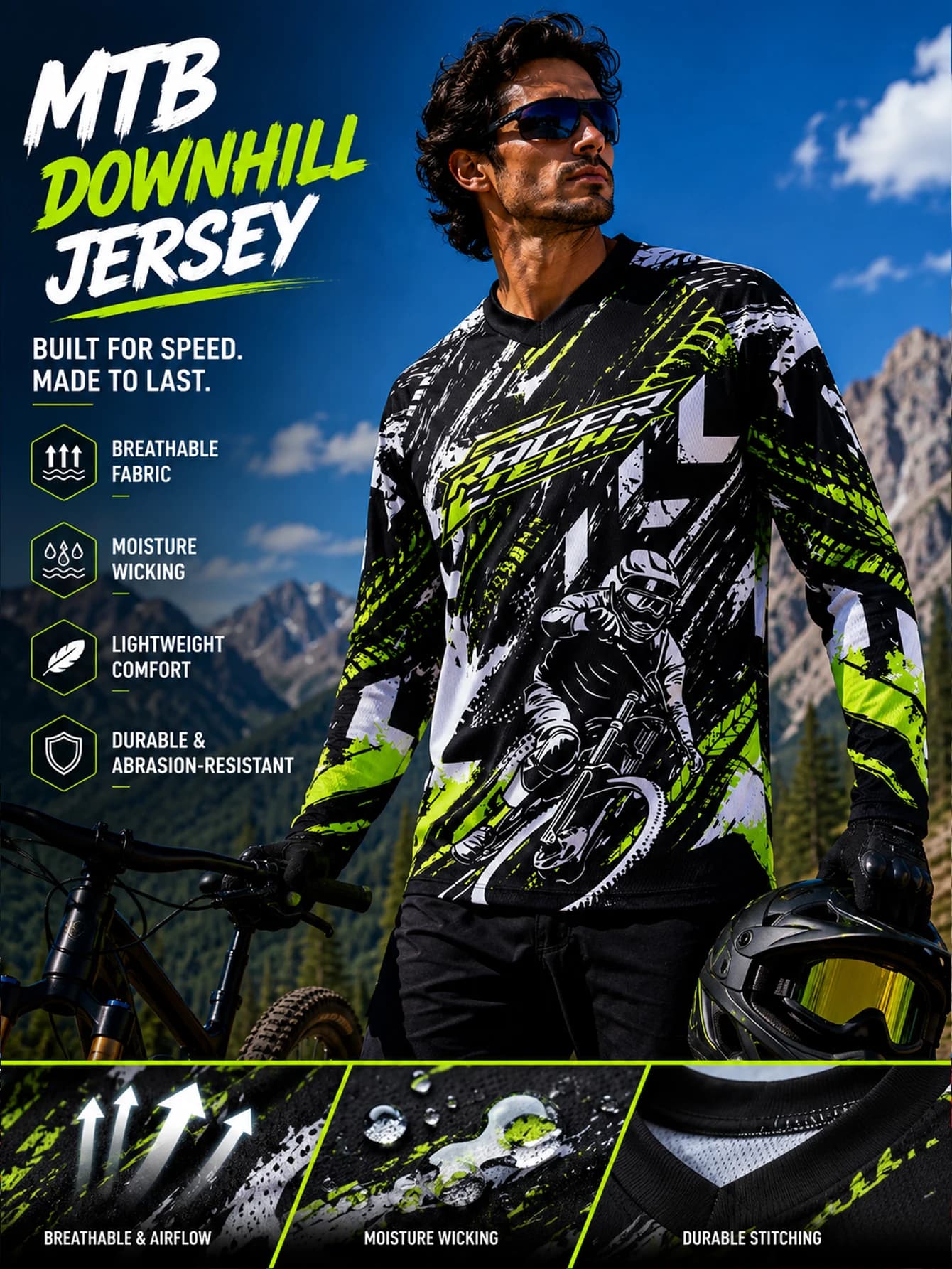 Motocross Racing Jersey Men Long Sleeve MTB Cycling Shirt Moisture Wicking Performance Sports Top