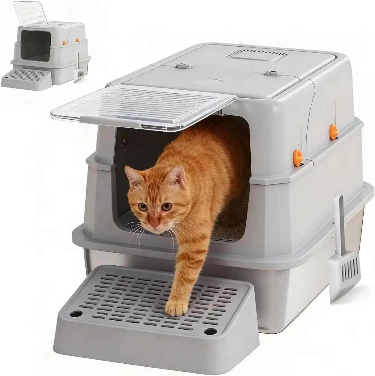 Lettiera per Gatti in Acciaio Inossidabile - Design Chiuso con Bordi Alti, Grigio, Anti-Perdita, Anti-Odore, Antiaderente, Facile da Pulire