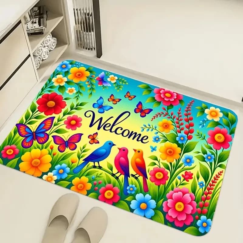 Tappetino Moderno Colorato Stampato Antiscivolo con Motivi Floreali e Uccelli, Zerbino per Ingresso Casa, Tappeto per Cucina e Bagno, Tappetino per Piedi