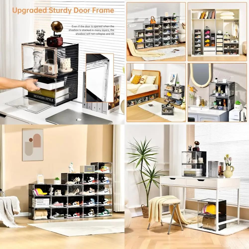 Stackable shoe organizers to store large objects, boxes with entrance cover, suitable for size USA 13 men/women (13x10,6x8,3)