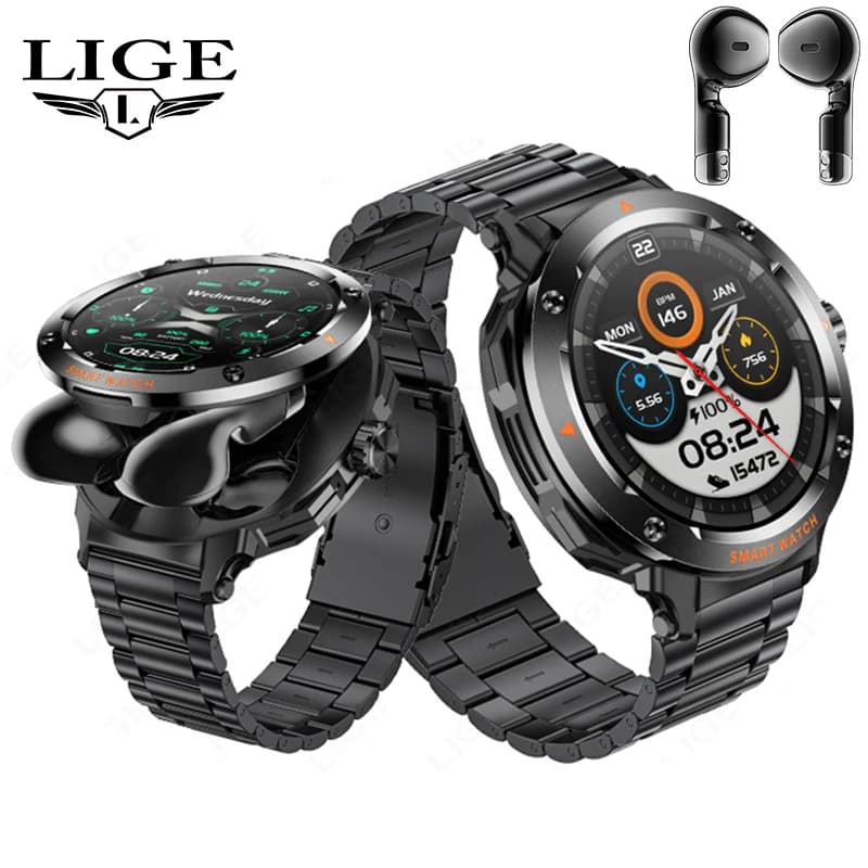 Nuovi uomini 2 in 1 auricolare Smart Watch Bluetooth chiamata frequenza cardiaca salute musica cuffie orologi Sport NFC Smartwatch calcolatrice
