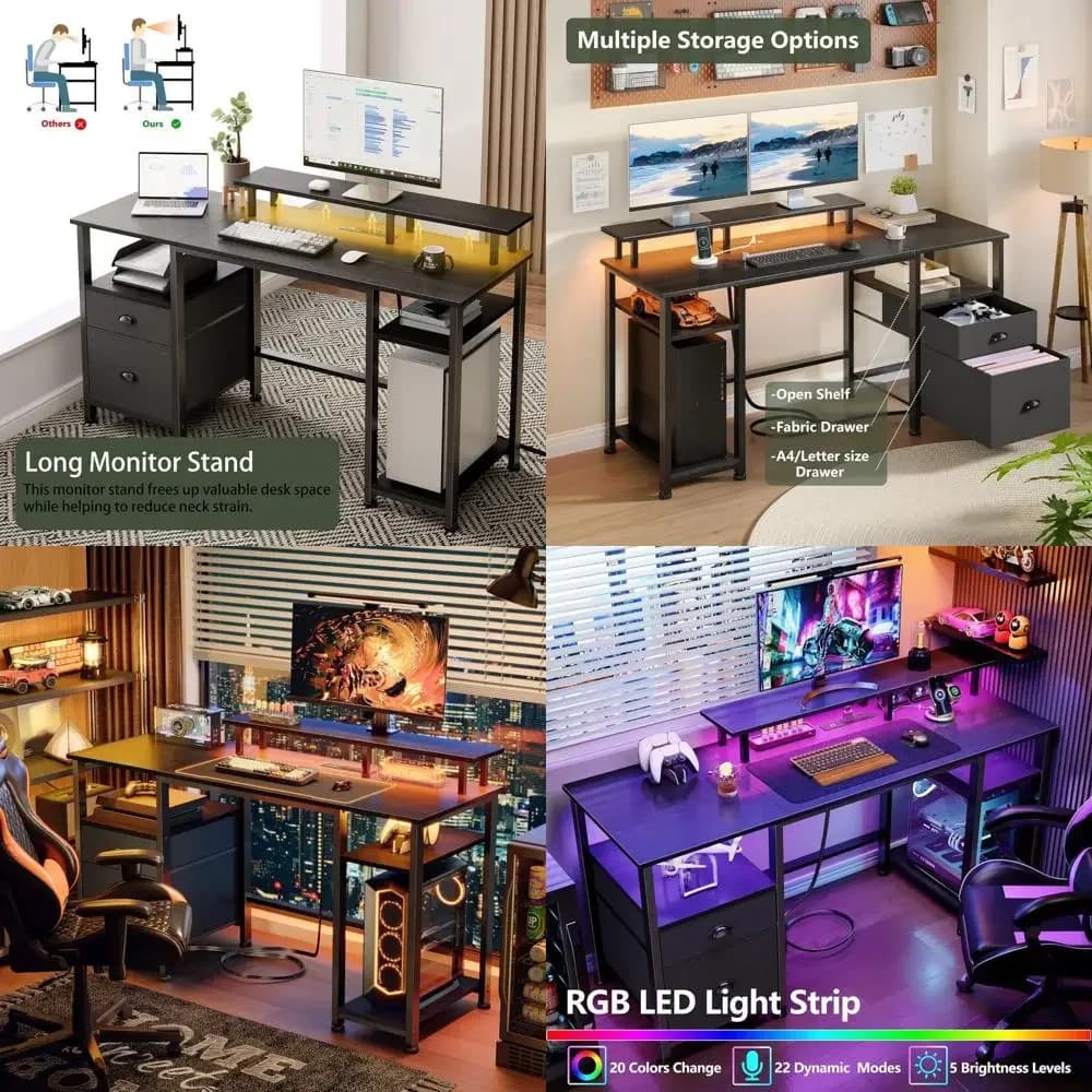 LED-lit, Adjustable Gaming Desk with Power Outlets, Reversible Design, Storage Cabinet & Monitor Stand, Black