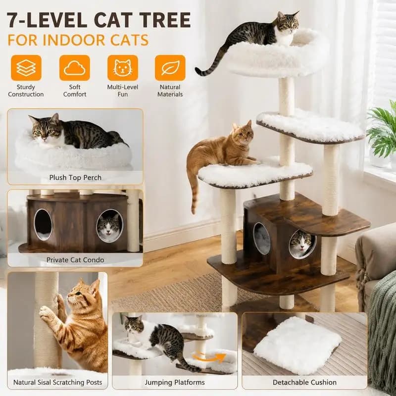 Multi-Level Cat Tree With Sisal Scratching Posts And Plush Platforms, Sturdy Wood Cat Climbing Frame With Private Condo, Indoor Pet Activity Center For Climbing And Resting, Beige