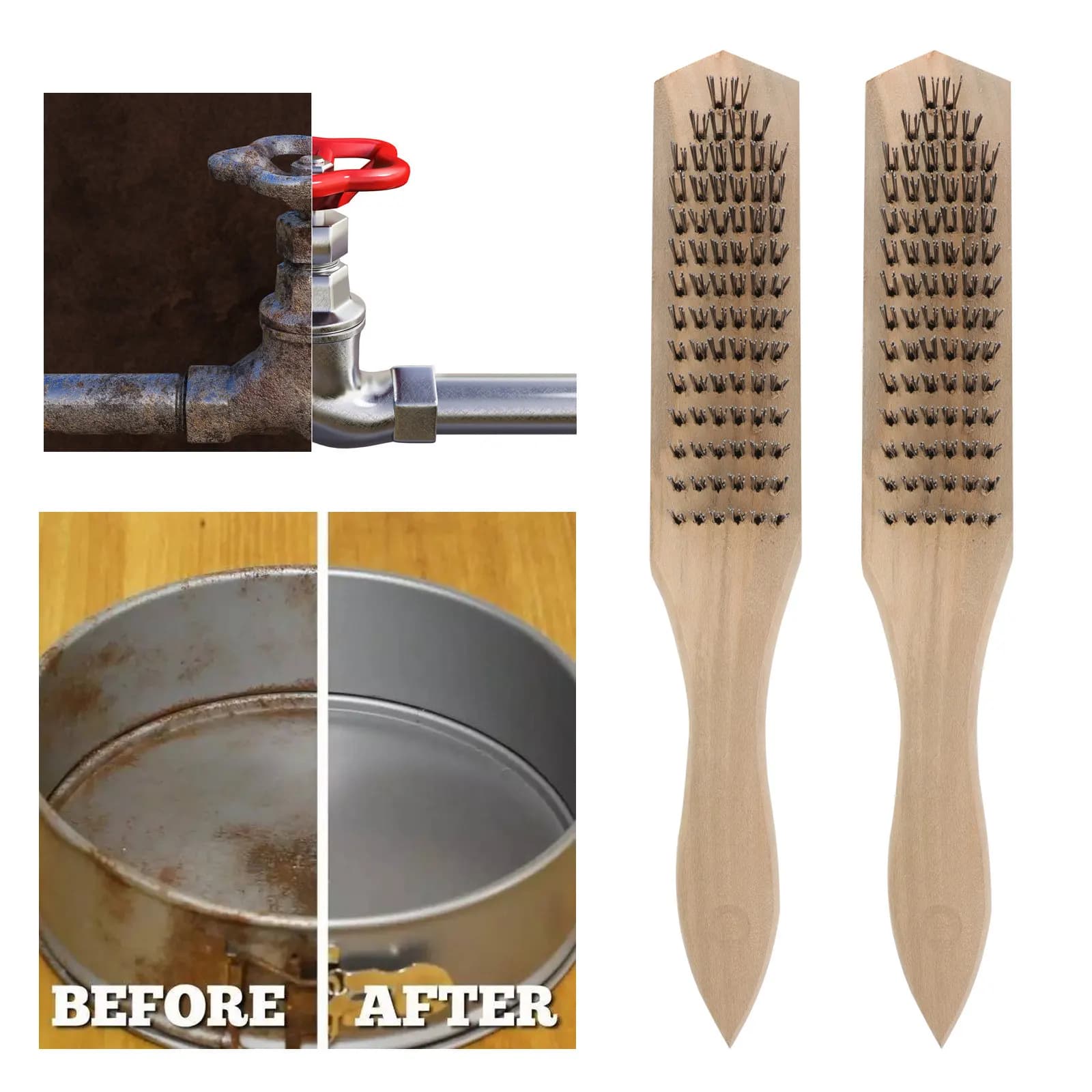 Set di 5 Spazzole in Filo Metallico per Rimozione Ruggine con Manico in Legno, Utensili per Pulizia Intensiva, Lucidatura e Rimozione Polvere