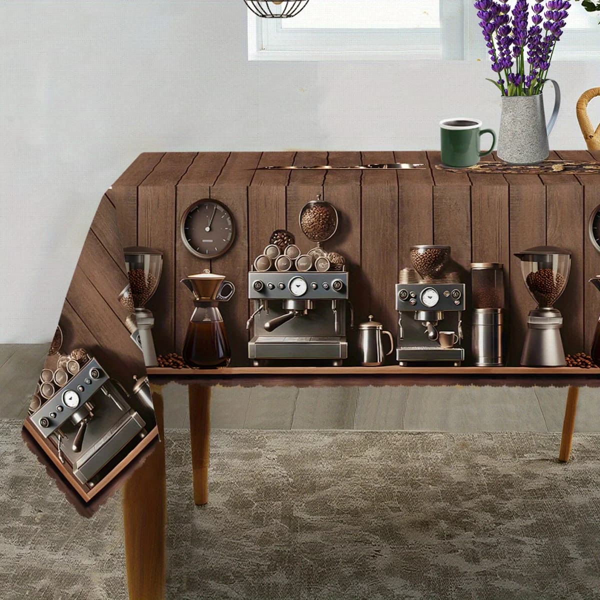 One coffee table cloth, coffee machine and bean elements, wood grain design, retro three-dimensional style