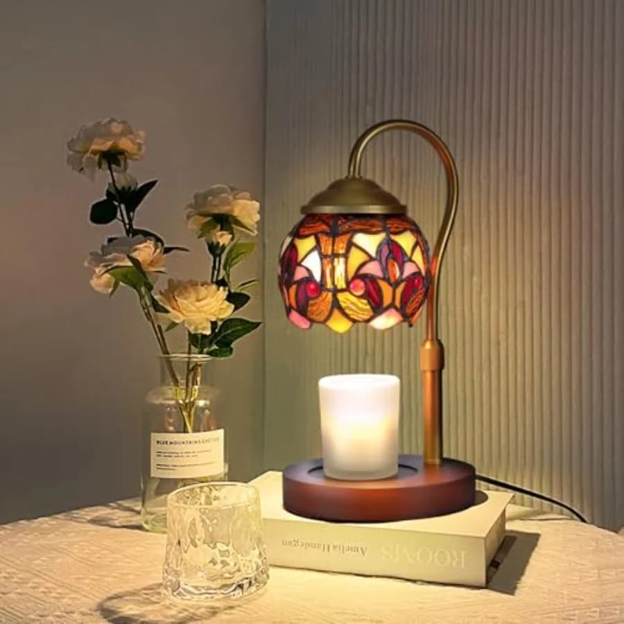 Lampada Scaldacandele Stile Tiffany Barocco con 2 Lampadine - Vetro Colorato Artigianale, Altezza Regolabile, Timer e 4 Livelli di Dimmerazione