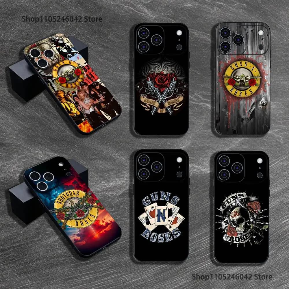 Cover per iPhone 17, 16, 15, 14, 13, 12, 11, Pro, Max, Plus resistente all'usura, con stampa Band G-Guns N Roses, nera, morbida