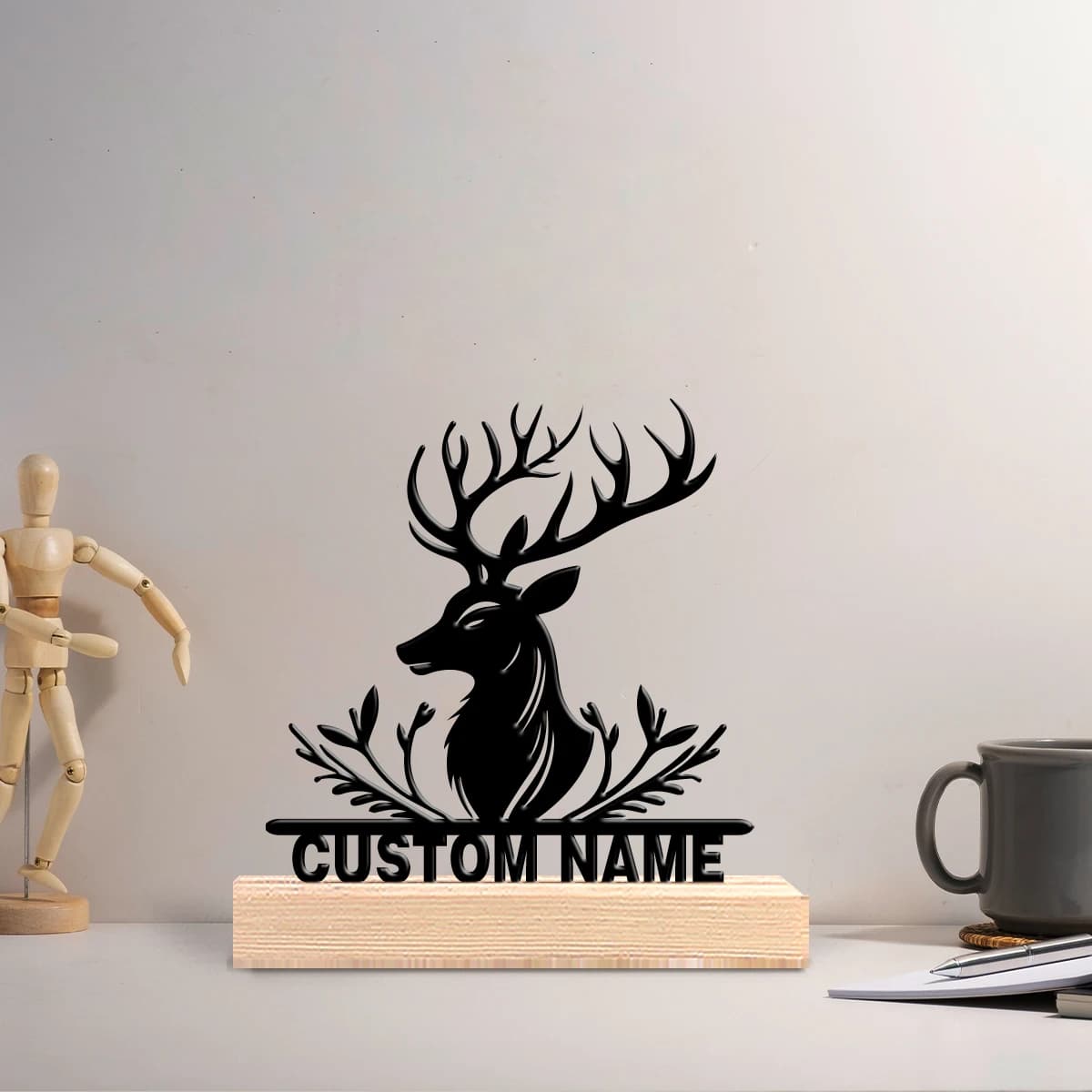 Statua in Metallo Personalizzata a Forma di Cervo con Base in Legno, Decorazione da Tavolo, Regalo Melodico con Cornice in Legno, Perfetta per la Musica
