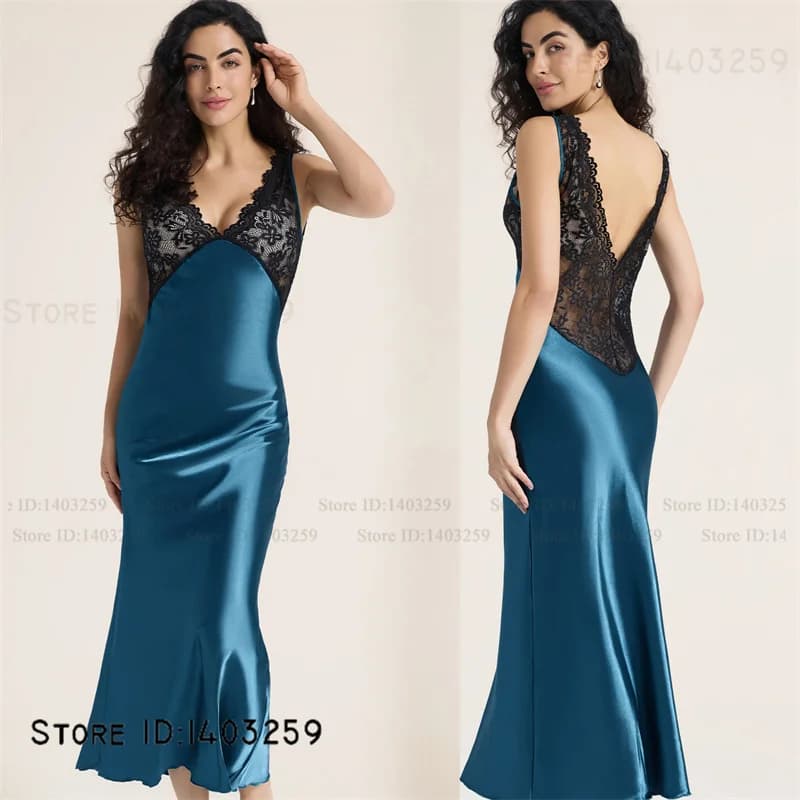 Elegante camicia da notte lunga femminile Indumenti da notte Sexy Patchwork in pizzo Camicia da notte senza schienale Lingerie Estate Nuovo raso di seta Homewear Nighty