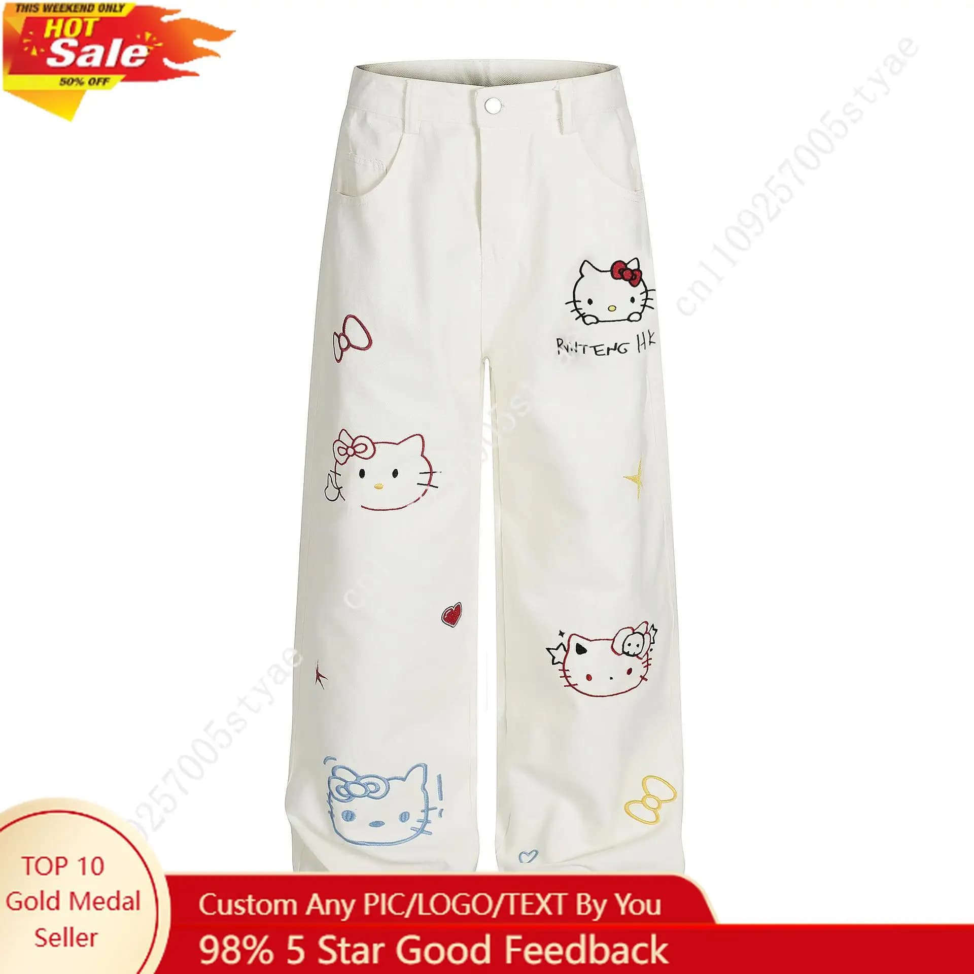 Jeans Hello Kitty da Donna a Gamba Larga, Casual a Vita Alta, Stile Baggy, Streetwear, Abbigliamento Preppy