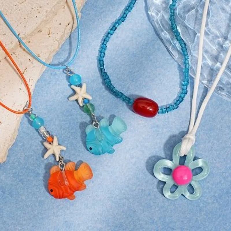 4-piece Y2K Summer Ocean Necklace Set Resin Fish Starfish Flower Pendant Blue Bead Leather Rope Stacked Women's Necklace
