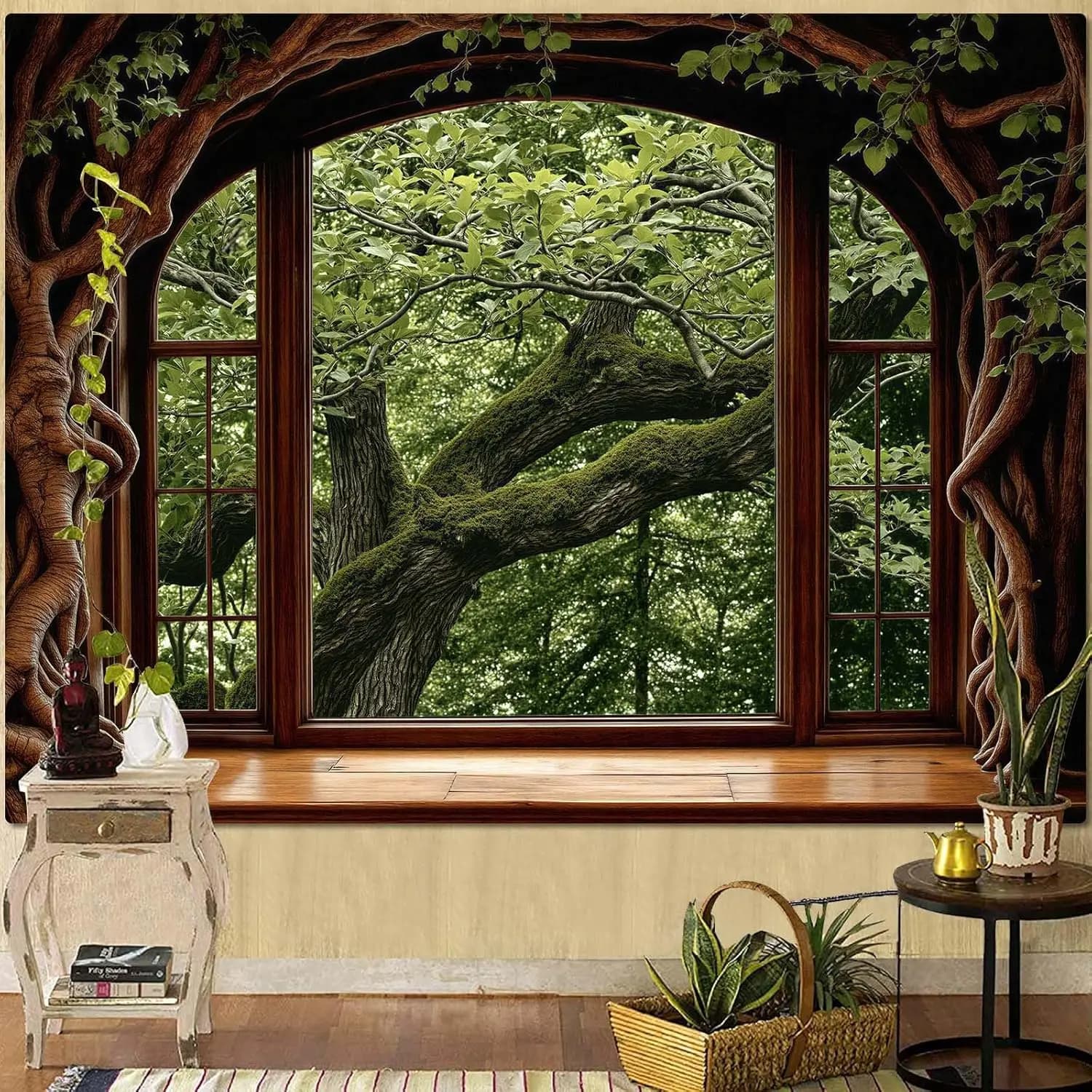 Forest Window Tapestry, Nature Outdoor Tree Wall Backdrop, Woodland Scene Large Mural for Bedroom Living Room Office Decor