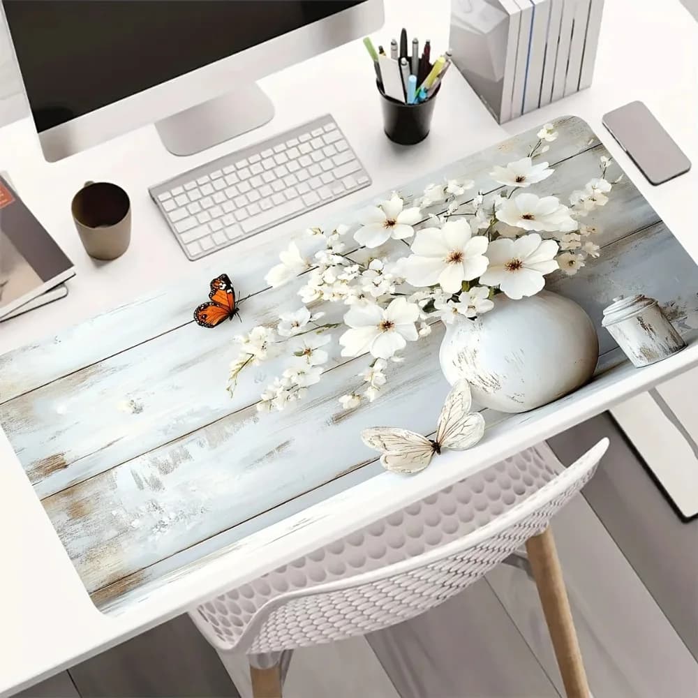 1 tappetino per mouse da gioco resistente con design floreale bianco e farfalle, adatto per uso domestico e in ufficio, tappetino da scrivania antiscivolo