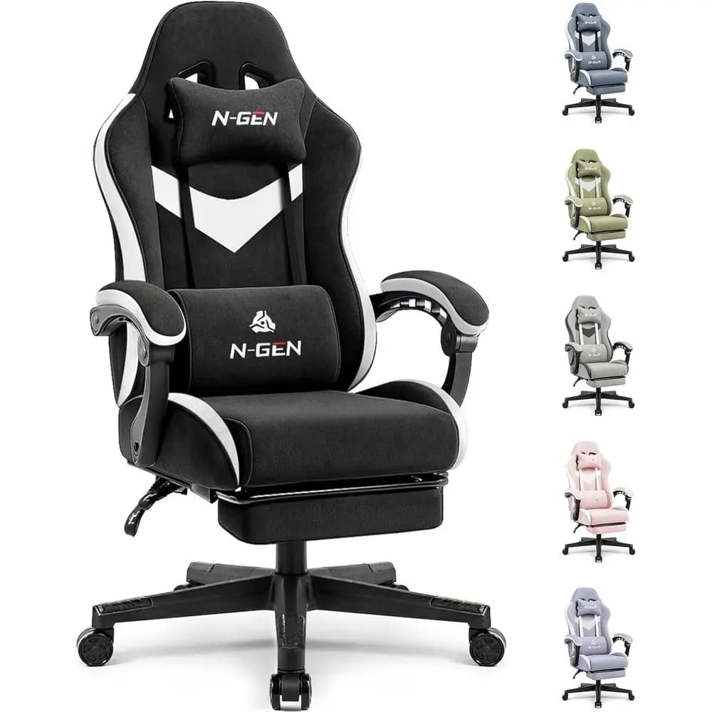 Sedia da Gaming in Tessuto Traspirante, Schienale Reclinabile, Braccioli Regolabili, Supporto Lombare con Poggiapiedi per Casa e Ufficio, Nera