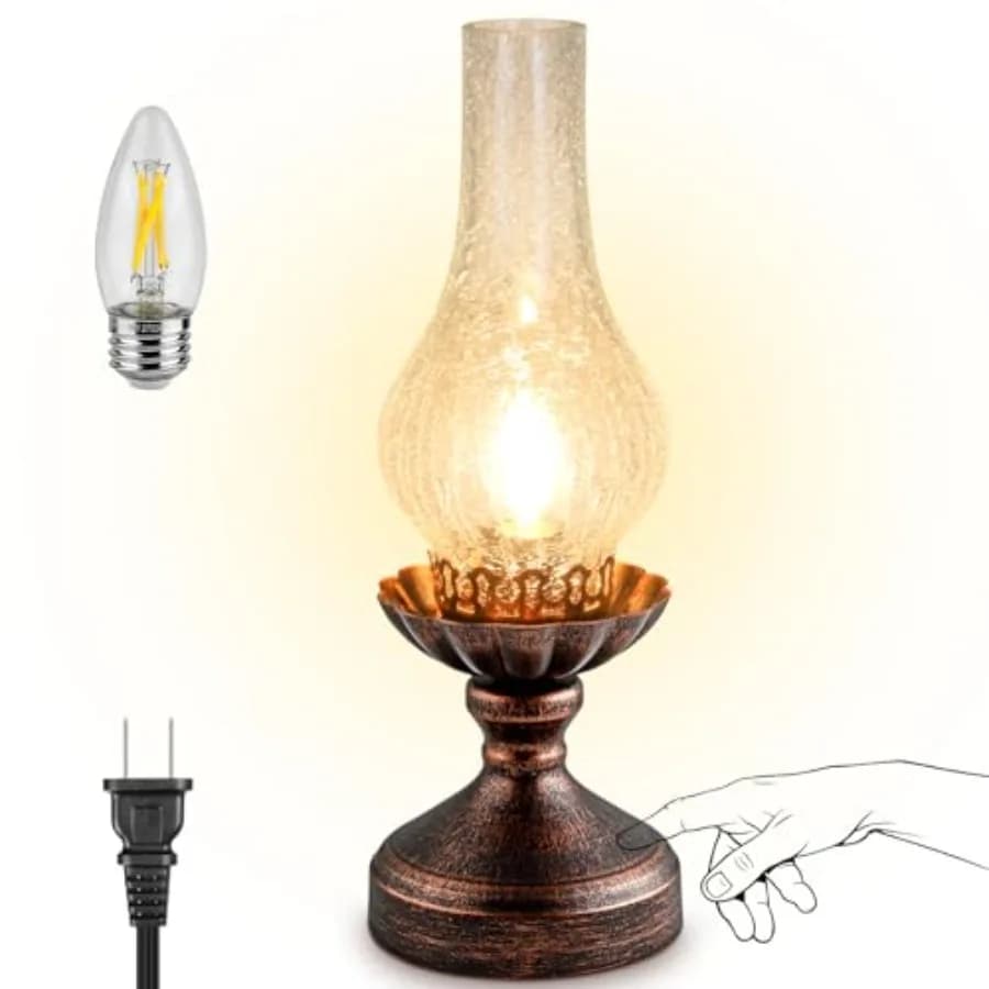 Lampada da Tavolo Vintage con Controllo Touch e Dimmerabile a 3 Livelli, Lampada da Comodino Rustica Retrò Stile Fattoria con Paralume in Vetro Trasparente e Lampadina LED per