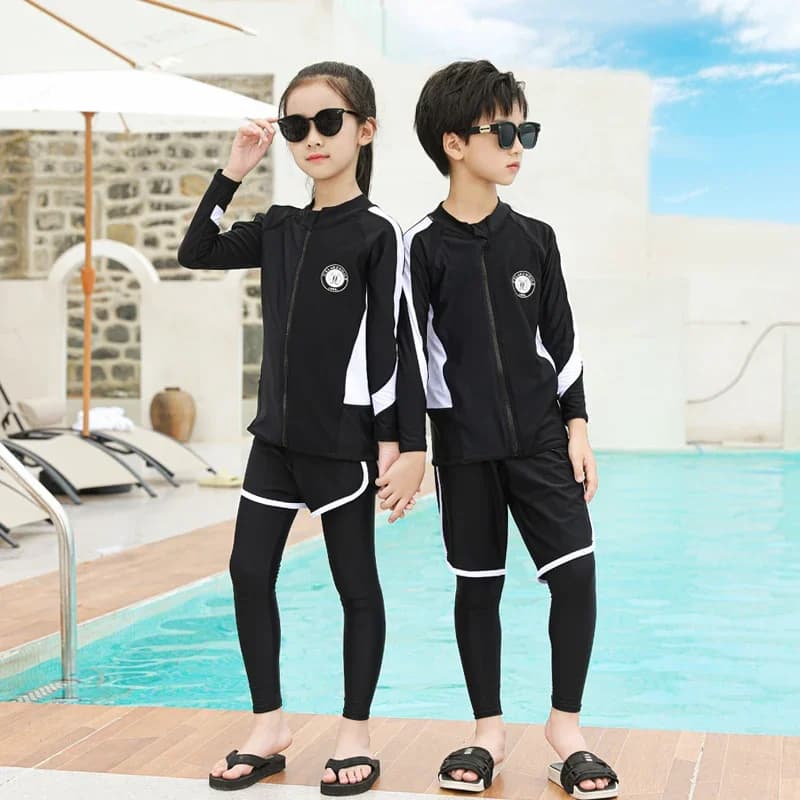 Costume da bagno due pezzi per bambini 2026 con protezione UV, girocollo, patchwork, maniche lunghe e pantaloncini, per surf e spiaggia, per ragazzi e ragazze