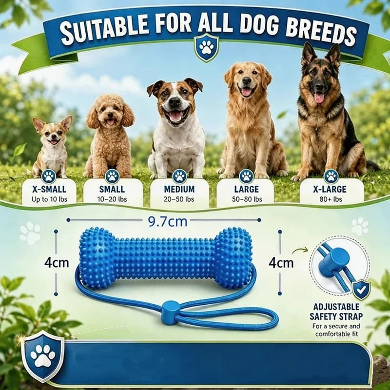 Pet Dog Teeth Cleaning Chew Toy Bone, Durable Rubber Dental Care Toy with Strap, Interactive Play Toy for All Breed Dogs