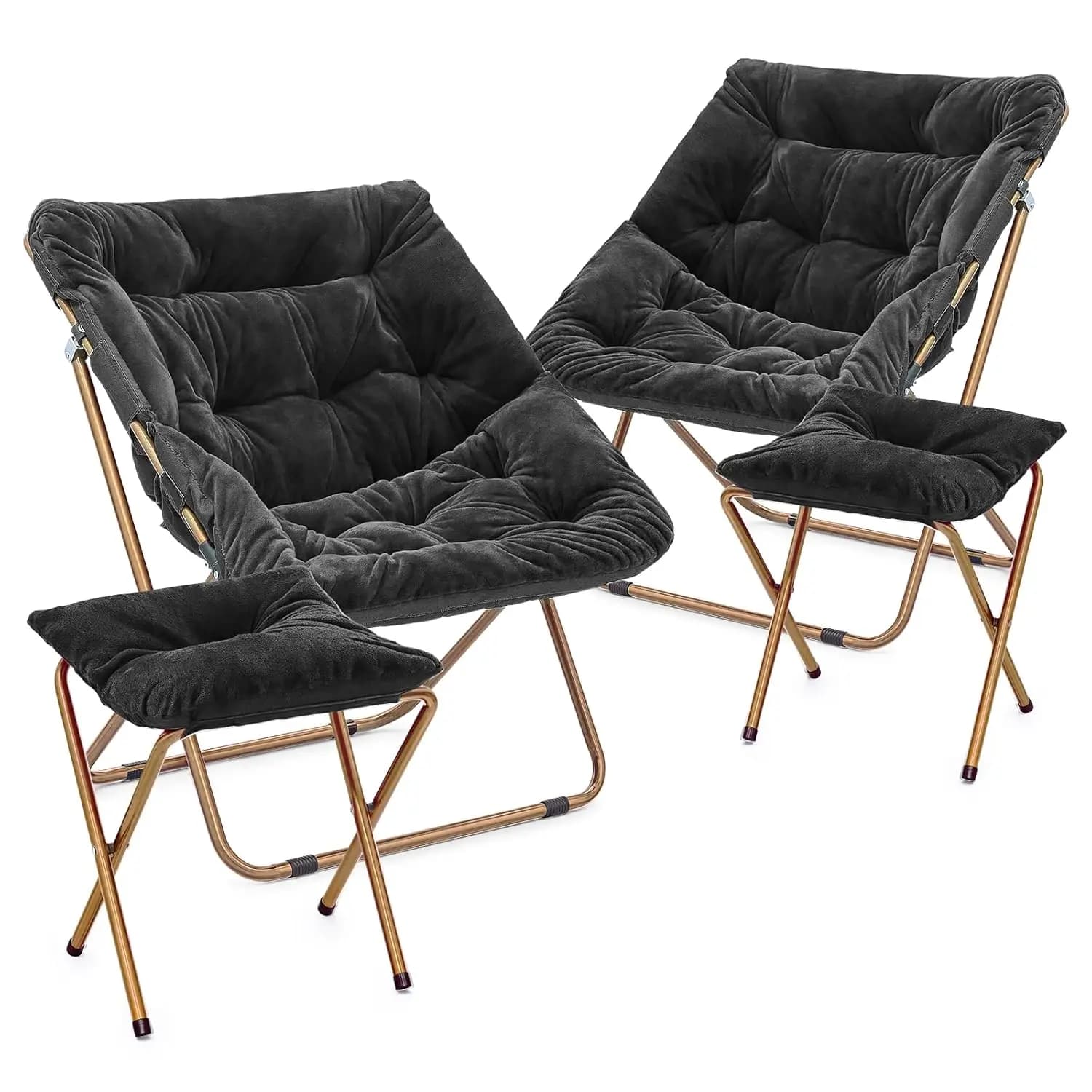 Comodo Set Poltrona Pieghevole Oversize e Poggiapiedi in Pelliccia Sintetica con Gambe in Metallo per Camera da Letto e Soggiorno, Nero, Personalizzabile