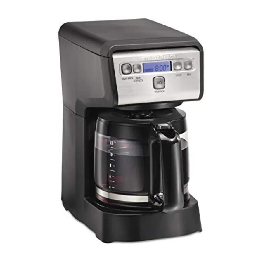 Hamiton Beach Caffettiera compatta programmabile da 12 tazze con caraffa in vetro burosilicato senza gocciolamento, spegnimento automatico di 2 ore, Space-S