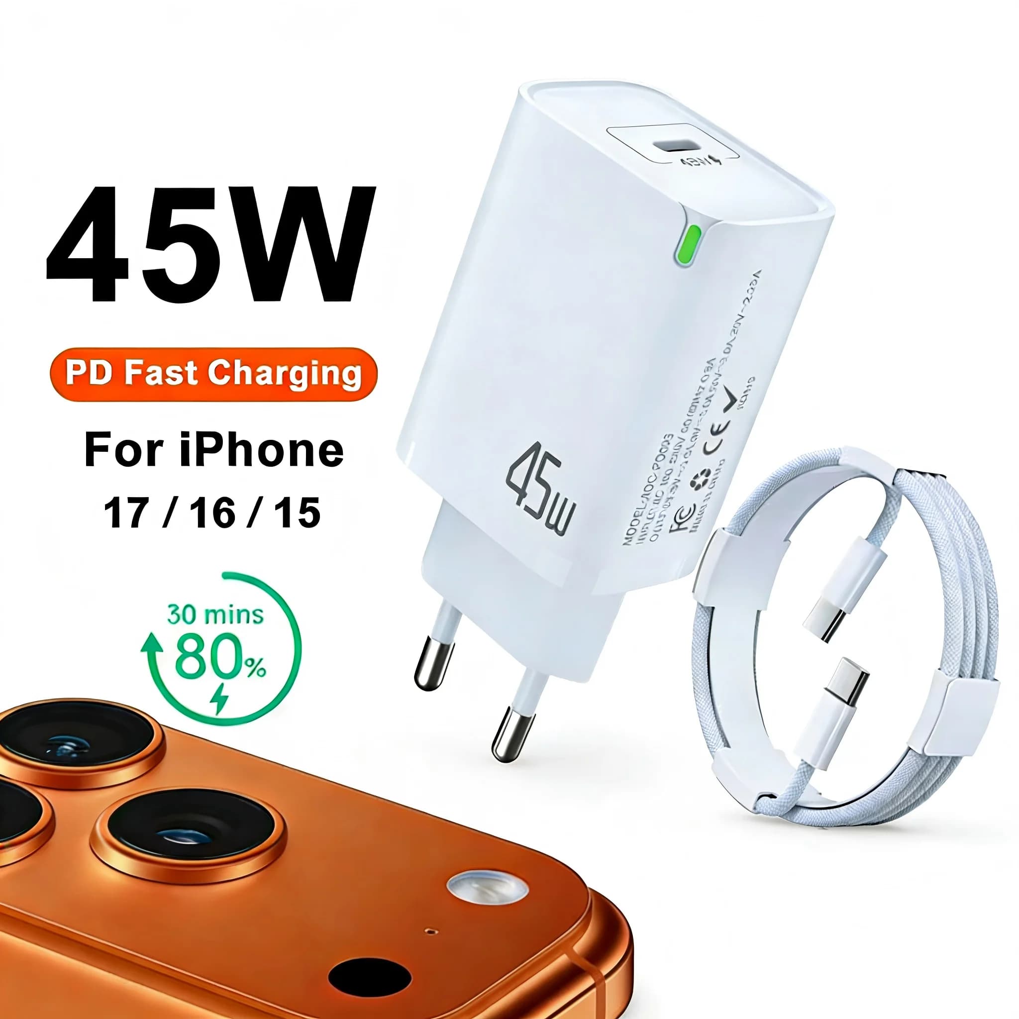Caricabatterie Rapido EU PD 45W per iPhone 17 16 15 11 12 13 14 Pro Max iPad Air, Cavo di Ricarica Veloce USB C Tipo C, Cavo Dati, Caricatore Telefono