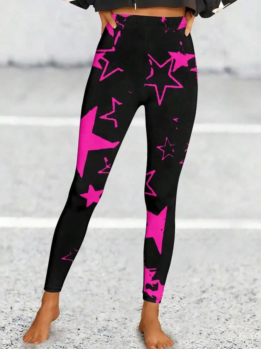 Leggings neri da donna con stampa di stelle rosa in tessuto lavorato a maglia per allenamenti sportivi e feste