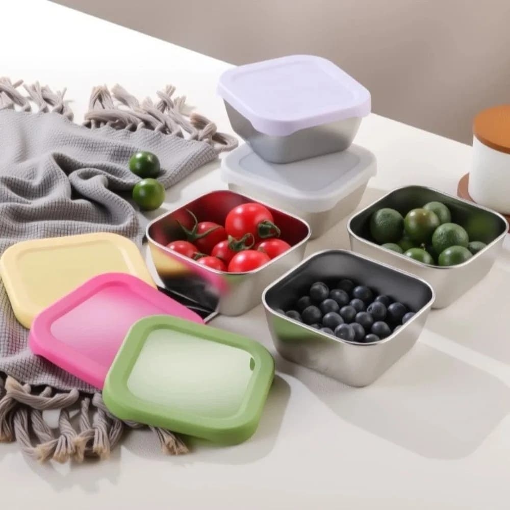 Silicone Lid Stainless Steel Fresh-keeping Box Stackable Food Grade Meal Prep Container 400ml Leakproof Refrigerator Organizer