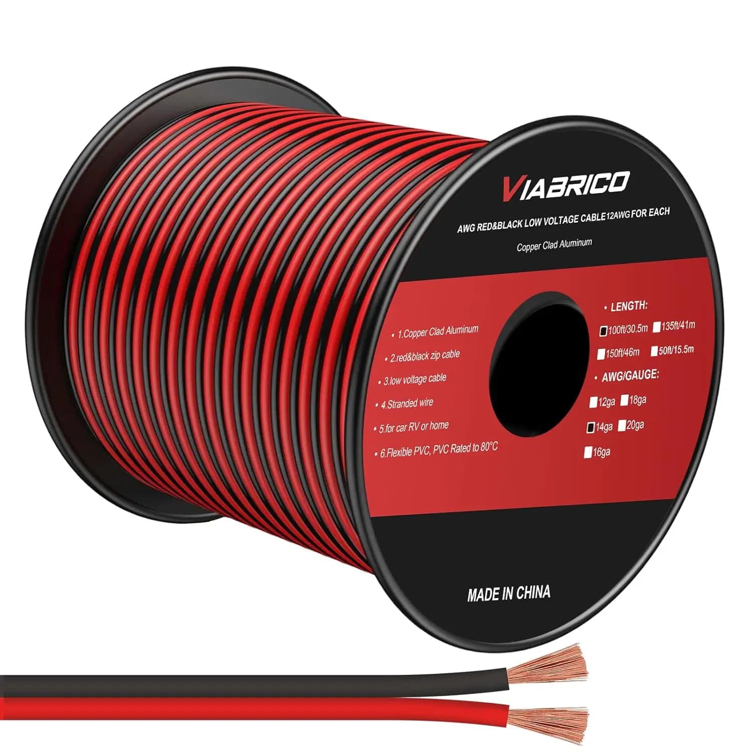 Cavo Elettrico 14AWG 100FT a 2 Conduttori Rosso e Nero, per Strisce LED, Prolunga Flessibile CCA 12V/24V DC