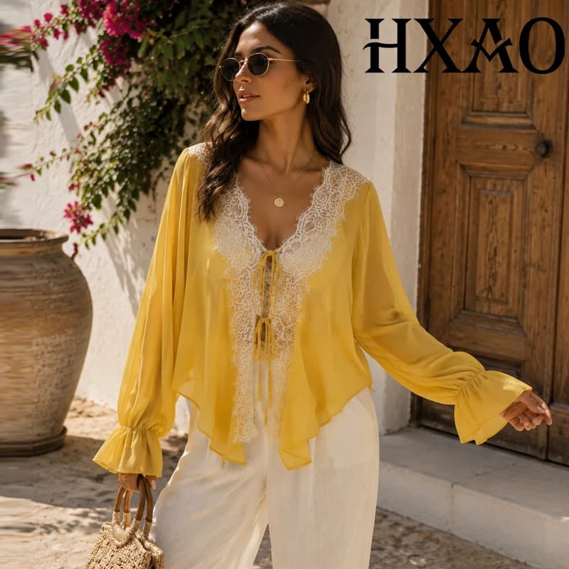 HXAO Ties Lace Up Women's Blouse Long Sleeve Yellow Chiffon Blouse Woman Patchwork Oversized Blouses Summer Sexy Sheer Blouses
