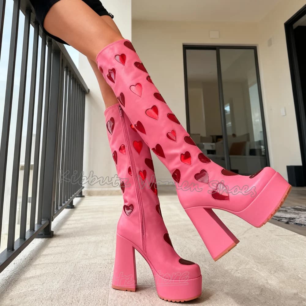 Boots with Heart Shaped Plates Knee Boots in Mixed Color Leather Side Hinge Round Toe Heel Wholesale New Fashion Women's Shoes
