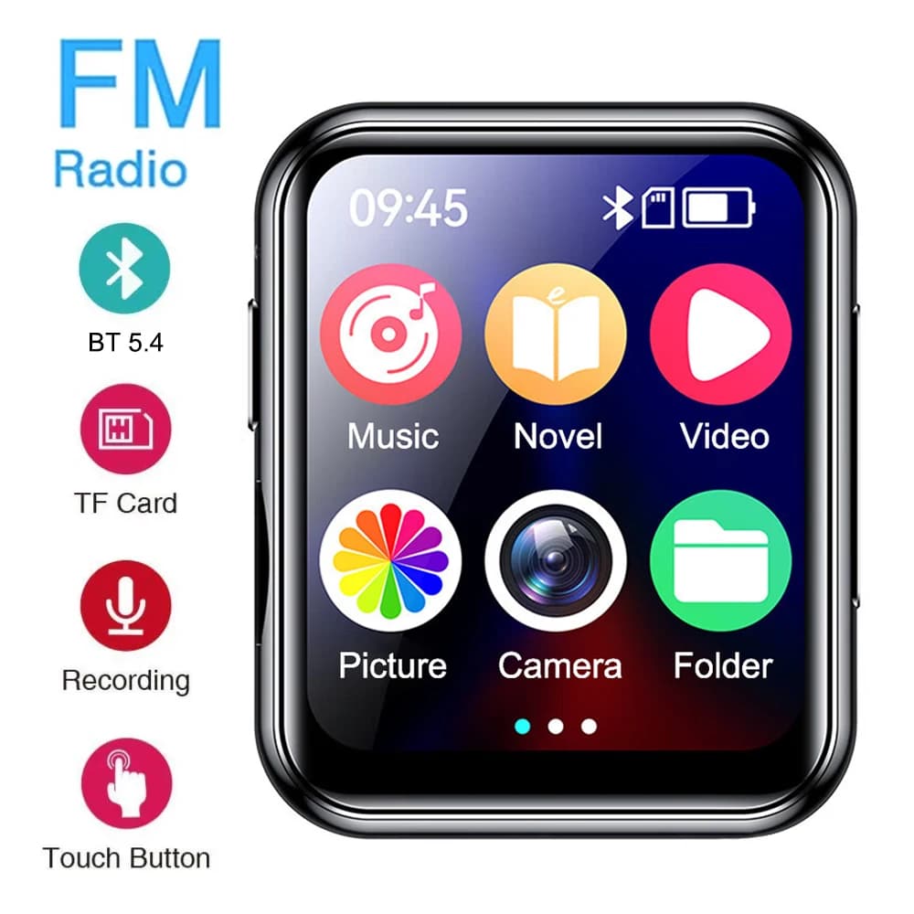 MP3 MP4 Bluetooth 5.4 player with IPS Touch HD 2-inch color screen, Photo support, Radio, Alarm clock, Video, E-book, Memory Up to 128GB