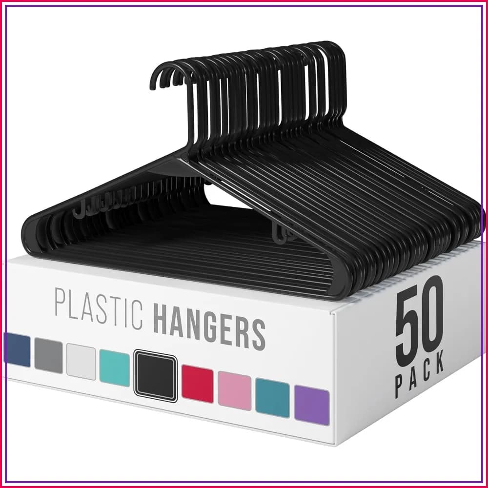 50 Pack Black Plastic Hangers - Durable, Space-Saving Closet Essentials for Coats, Shirts, and Jackets