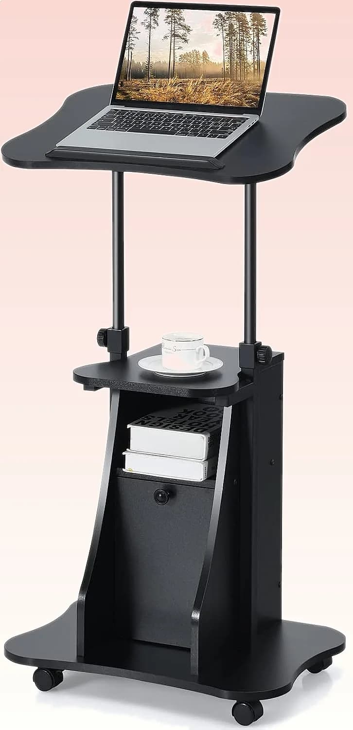 COSTWAY Mobile Lectern Podium Stand, Rolling Laptop Cart with 180° Tilting Tabletop, Lockable Casters