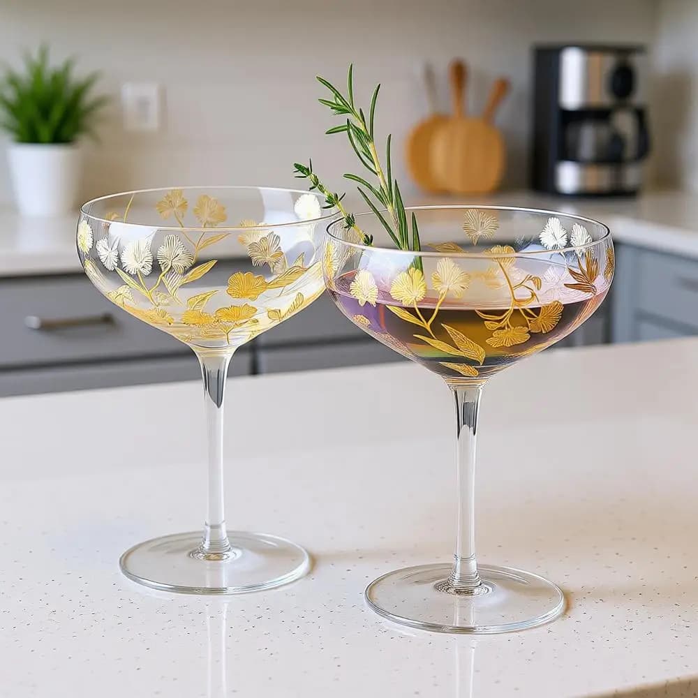 Set di 2 Coppe da Champagne Vintage con Decalcomania Dorata | Bicchiere da Cocktail 13 OZ, Design Inciso Inferiore Danzante, per Champagne, Sidecar, Vino