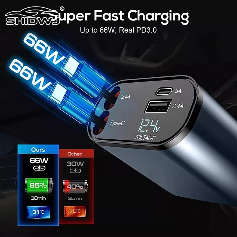Caricabatteria da auto retrattile USB C da 120 W 4 in 1 per iPhone Xiaomi Huawei Cavo di ricarica rapido Adattatore per sigaretta