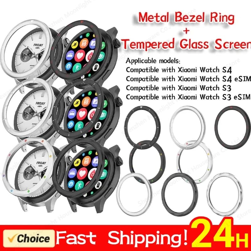 Lunetta in metallo per Xiaomi Watch S4/S3 compatibile con Xiaomi Watch S4 ESIM/S3 ESIM Anello di copertura Custodia adesiva per paraurti + vetro temperato