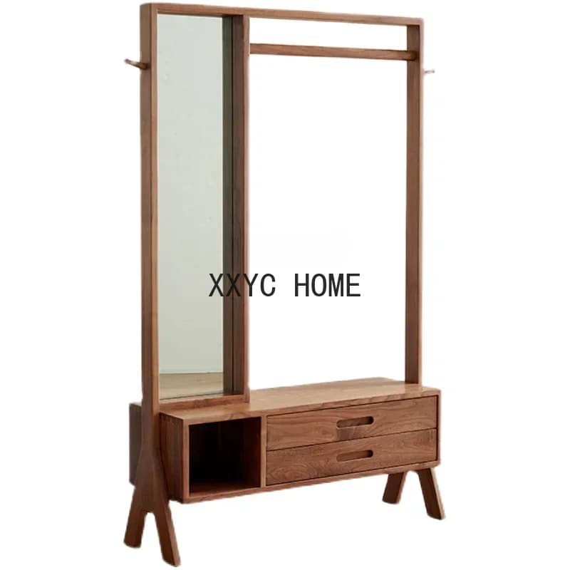 Black Walnut Solid Wood Shoe Changing Stool Clothes Rack Integrated Coat Rack with Mirror Dressing Mirror Drawer Floor Hanger