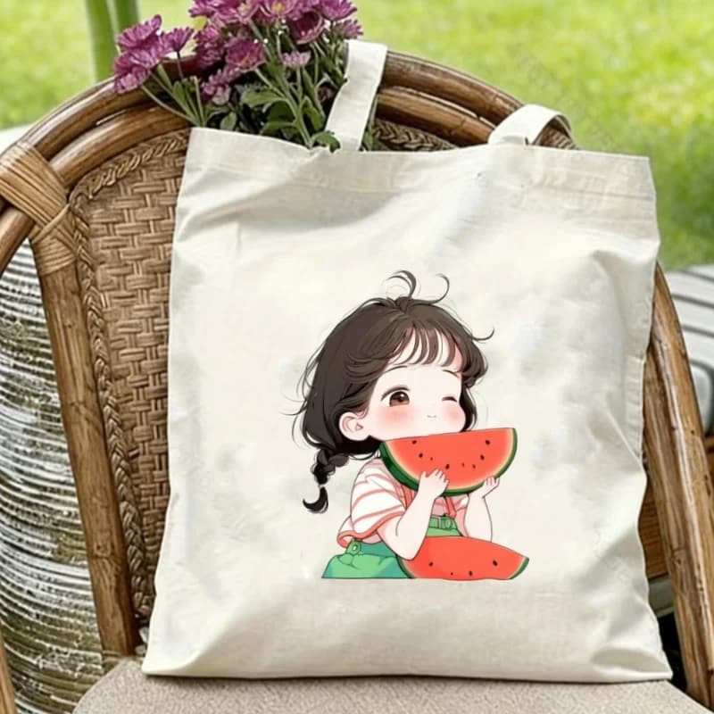 Borsa tote in tela con stampa simpatica di anguria per bambini, borsa a tracolla riutilizzabile con stampa su entrambi i lati, borsa tote ecologica per lo shopping e lo stoccaggio